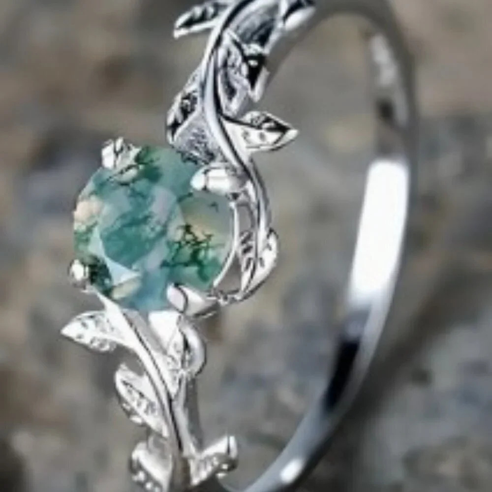 Round Water Grass Agate Ring - 925 Sterling Silver, Hypoallergenic Women size 8 - Picture 2 of 6